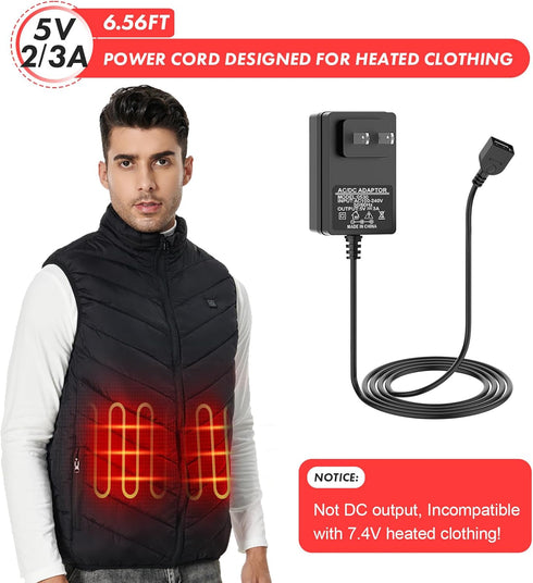 5V2A Heated Vest Jacket USB Wall Charger Wire Connection Cables for Heated Apparel Clothing, Home Office, Lasting