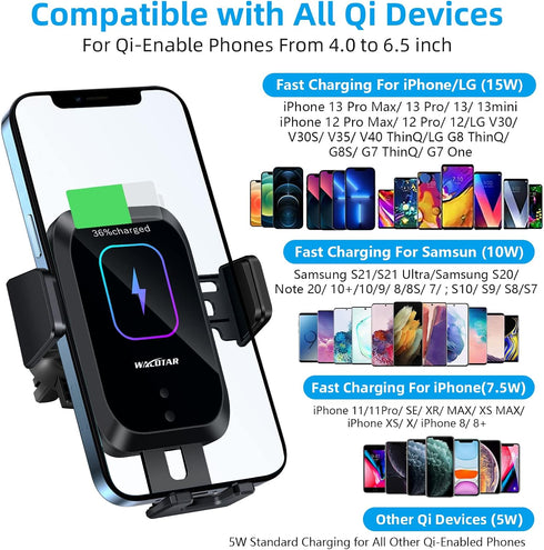 Wireless Car Charger Cup Holder Phone Mount, Qi 15W Fast Charging, Automatic Infrared Smart Sensor Clamping