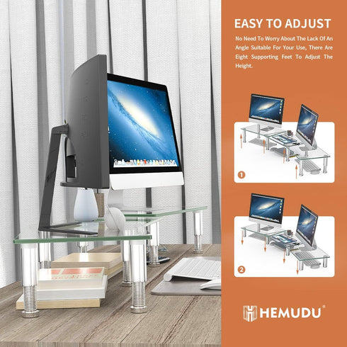 Hemudu Dual Monitor Stand, Adjustable Length and Angle Riser, Desktop Organizer for PC, Laptop