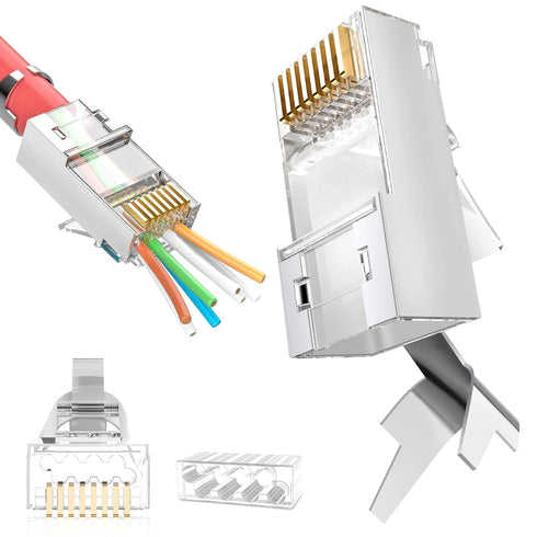Shielded RJ45 Cat6A Cat7 Pass Through Connectors, 3 Prong 8P8C Gold Plated Modular Data Plug (30 Pack)