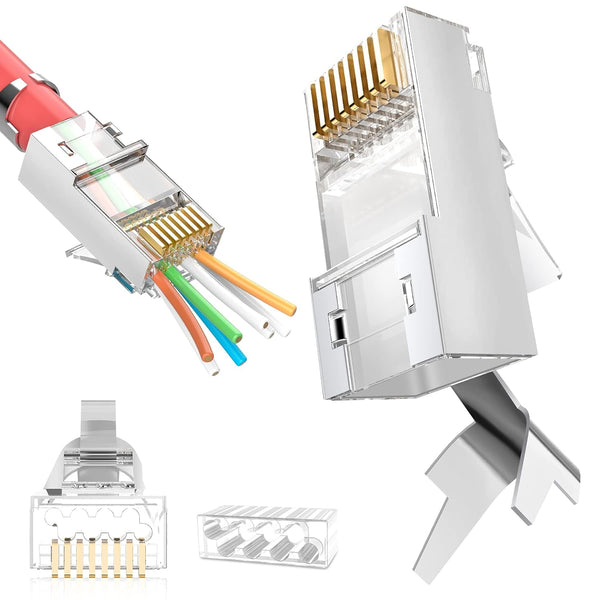 Shielded RJ45 Cat6A Cat7 Pass Through Connectors, 3 Prong 8P8C Gold Plated Modular Data Plug (30 Pack)