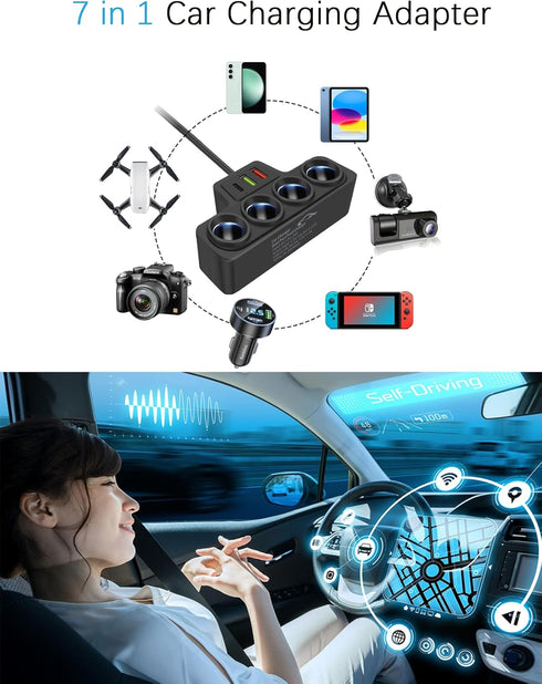 Multi-Function Cigarette Lighter Splitter with 4 Sockets, 1 PD Fast Charger Port, 2-Port USB Power Adapter for Cell