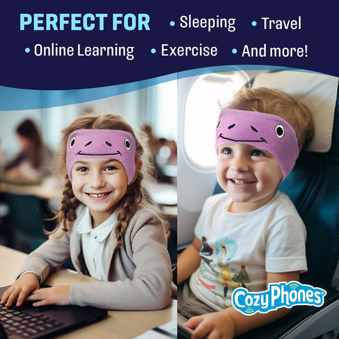 CozyPhones Kids Headphones - Purple Frog, Over Ear, Volume Limited, Thin Speakers, Super Soft Fleece Headband.