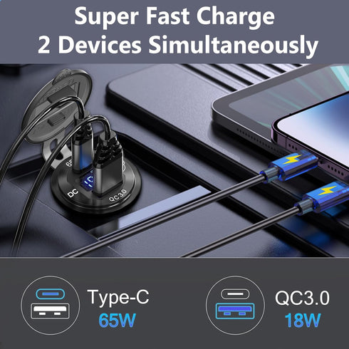 Qidoe 83W 12V USB Power Outlet, 65W PD USB-C Laptop Charger Socket and 18W QC3.0 Car USB Port with Digital Voltmeter