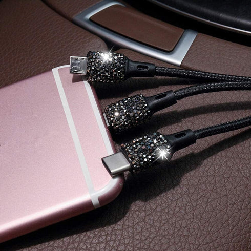 Bling Car Charger Accessories Set, Rhinestone Dual USB Car Chargers + Bling 3 in 1 Charging Cable for Girls