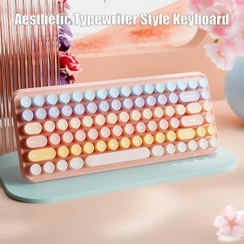 Typewriter Keyboard Wireless, 2.4GHz/Bluetooth/USB-C Rechargeable, Compact 85-Key Retro Round Keycaps, Sweet Pink
