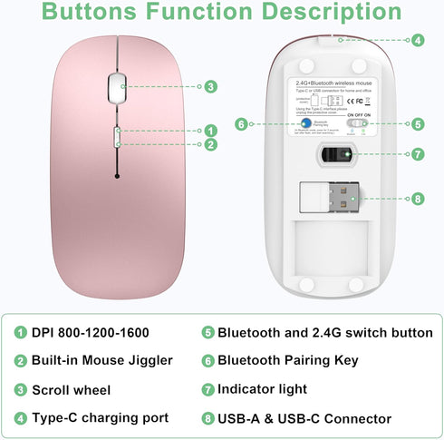 Gizdot 5.2/2.4G 3-Level Wireless Mouse for Laptop/MacBook Air/Pro & iPad, Mouse Jiggler Mode Bluetooth Rechargeable