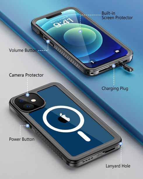 Beeasy Waterproof Case for iPhone 12 (6.1"), 360 Degree Outdoor Protective Magnetic Phone Case - Black