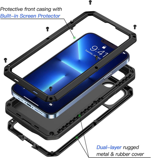 Lanhiem Metal Case for iPhone 13 Pro - Heavy Duty Shockproof Rugged Cover with Built-in Glass Screen Protector