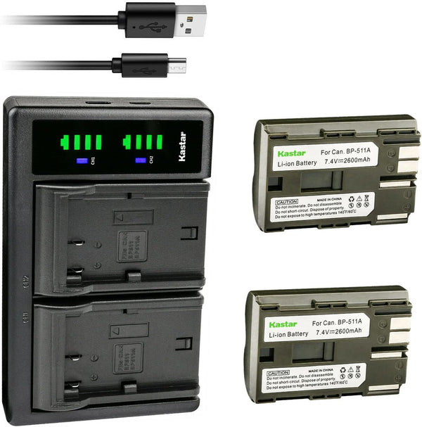 Kastar 2-Pack Battery and LTD2 USB Charger Replacement for Canon BP-508, BP-511, BP-512, BP-514