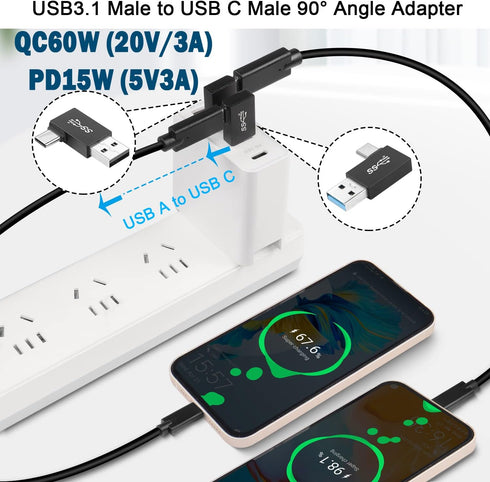 QIANRENON 90° Angle USB3.1 Male to USB C Male Charging Adapter, 10Gbps Data Connector for Wall Charger, 4Pcs