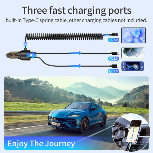 110W Fast Charging USB Car Charger, 3-Port Type-C Adapter with Retractable Cable for iPhone 15/14/13, iPad, Samsung