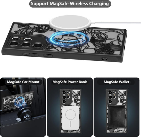 XIZYO Floral Rose Magnetic Case for Samsung Galaxy S23 Ultra, Slim TPU, Shockproof, MagSafe Compatible, Black Aesthetic.