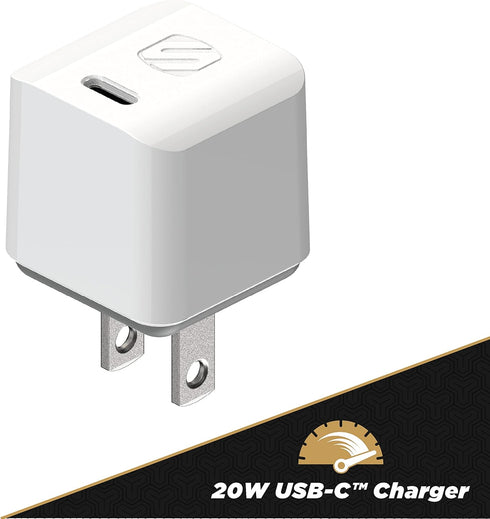 Scosche HPDC20WT-SP Fast Charger PowerVolt 20W Mini Cube USB-C, Wall Adapter for Phone, 4X Faster Power Charge, Portable Outlet Plug, White