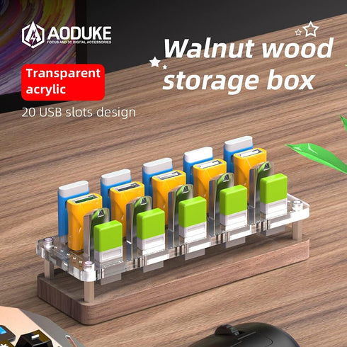 Wooden Memory Card Case for TF Cards, USB Drive, SD Card Holder Desk, Micro SD Card Case, 20x USB Interface