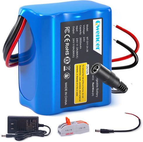 Qwenoer 24V 2.6Ah Lithium Battery, 24V Rechargeable Li-ion Battery with Charger, Bare Leads