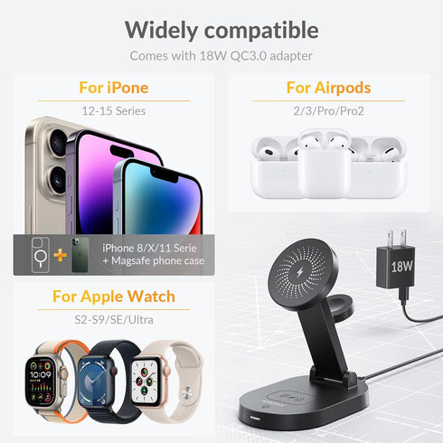 iDsonix 3 in 1 Mag-Safe Charger Stand, Fast Wireless Charger Station for Apple Devices, Adjustable Stand, LED Light
