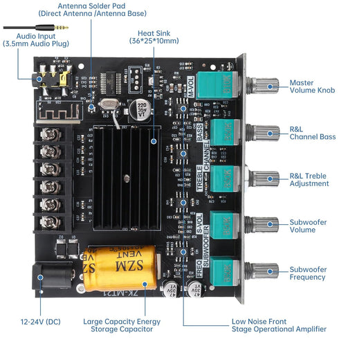 DiGiYes 2.1 50W 2+100W 12V-24V Bluetooth Power Amplifier Board with Subwoofer Channel x DC Audio Power Amplifier Module