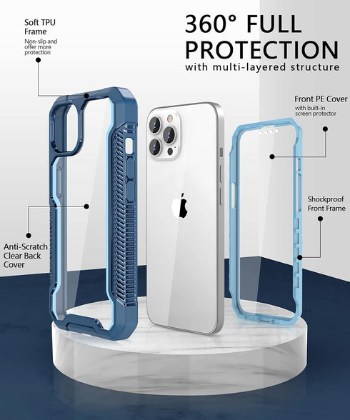ANSHOW for iPhone 12/12 Pro Case, 360 Full Body Rugged Case with Built-in Screen Protector, Blue