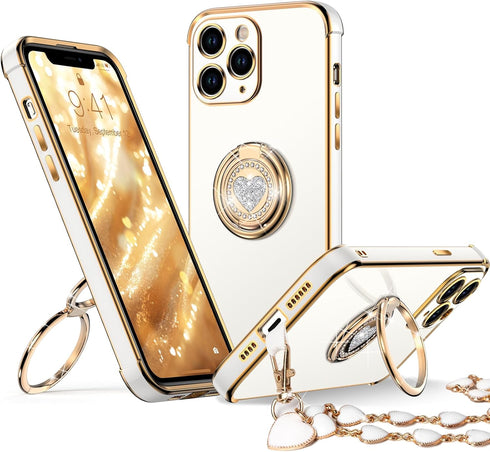 XYZ iPhone 11 Pro Max Case, White, with Stand, Double Ring Kickstand, Women Girl Cute Love-Heart Luxury Bling