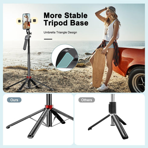 KONPCOIU 71"" 1 Extendable Phone Tripod, Selfie Stick Vlog Tripod Stand Quadrapod with All in Phone Clip, Travel Holder