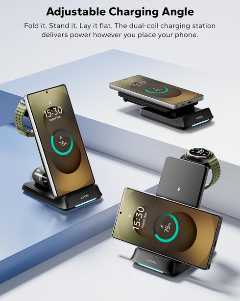 KPON 3 1 S26/S25/S25 Ultra/S24/Z in Charging Station for Samsung, Wireless Charger for Thick Cases, Foldable Phone