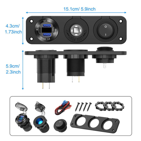 12V USB Outlet Boat Accessories, PD3.0 Dual QC3.0 USB Ports Aluminum Car Charger with Voltmeter and 150W Cigarette