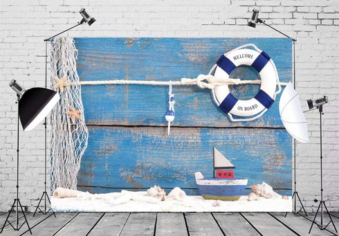 BELECO 5x3ft Fabric Nautical Backdrop Life Buoy and Toy Boat Shells on Blue