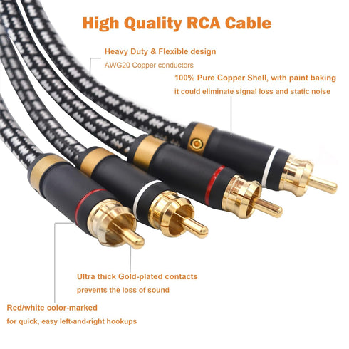 Veimeitk 2 2 24K (3.2FT/1m) RCA to RCA Audio Cable Silvered-Plated OFC Core Gold-Plated Pure Copper Shell Braided