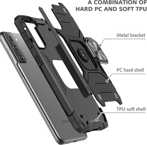 YmhxcY for Galaxy S21 5G Case with 3D Curved Screen Protector, Armor Grade Case with Rotating Holder (Black)