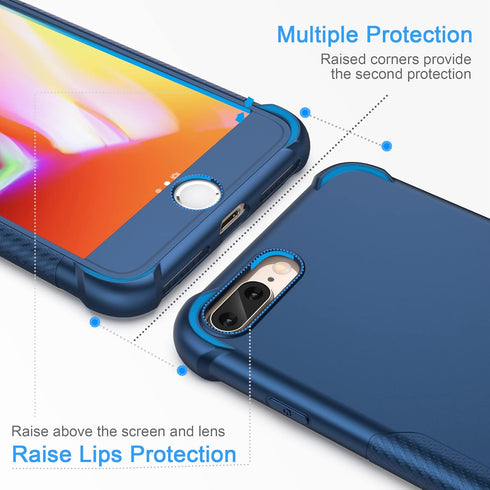 ORETECH iPhone 7 Plus & 8 Plus Case with 2 x Tempered Glass Screen Protector, Anti-Slip Hard PC + Soft TPU - Blue