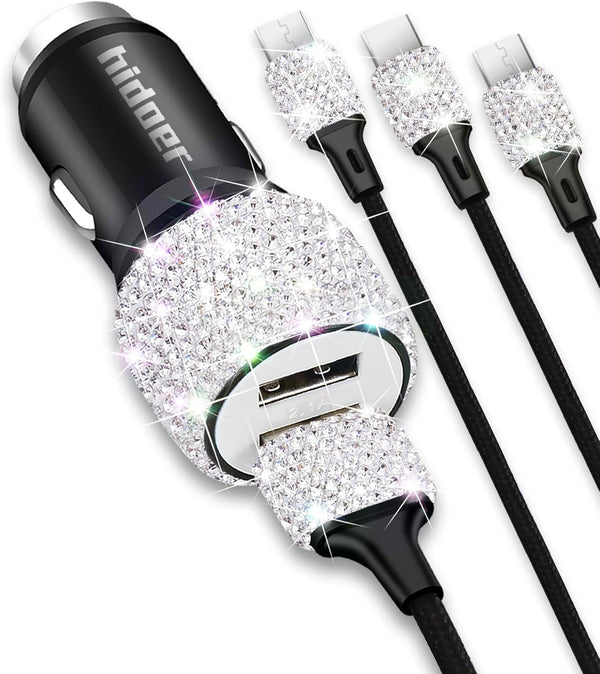 Bling USB Car Charger 5V 2.4A, White Crystal Decor Dual Port Fast Adapter with 4ft Nylon Type C Micro USB Cable