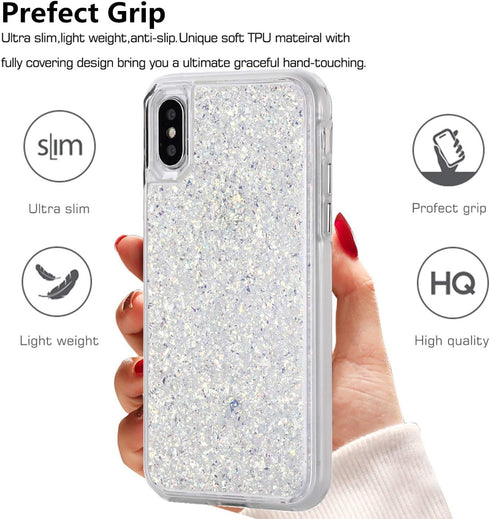 Compatible iPhone Xs Max Case, Women Glitter Shells Foil Sparkle Hard Back Cover with TPU Bumper (White/Gold)