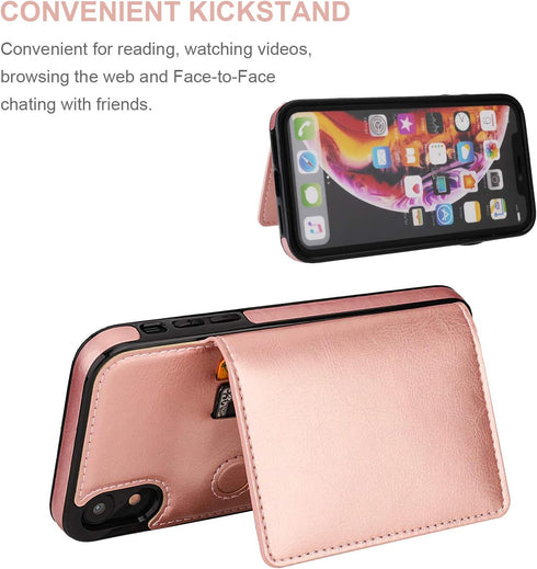 KIHUWEY Compatible with iPhone XR Wallet Case, Premium Leather Kickstand Protective Cover (Rose Gold)