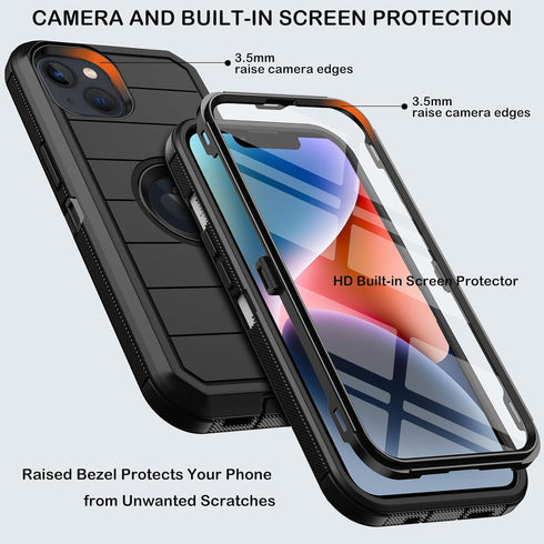 for iPhone 14 Plus Case with Belt Clip Holster,Built-in Screen Protector,Heavy Duty Shockproof Drop Protection Military Grade Rugged Phone Cover with Kickstand for Apple 14 Plus 6.7“ (Black)