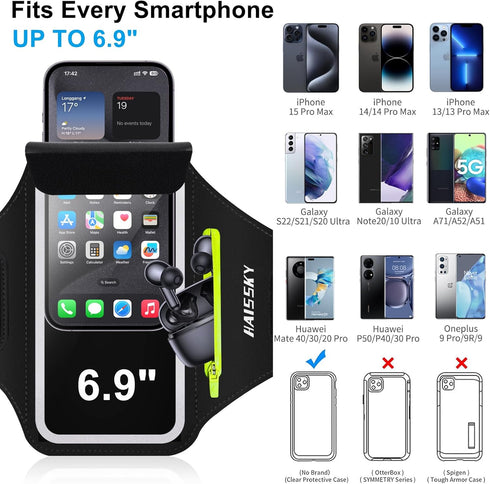 Cell Phone Running Armband with Zipper Pocket Case for iPhone 16 Pro Max/15/14/13/12/11 Pro Max, Sweatproof Arm Band