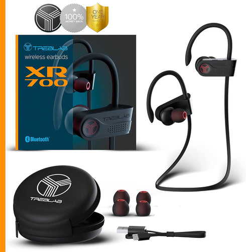 TREBLAB XR700 Wireless Sports Earbuds, Bluetooth 5.0, IPX7 Waterproof, Noise Cancelling, Adjustable Earhooks