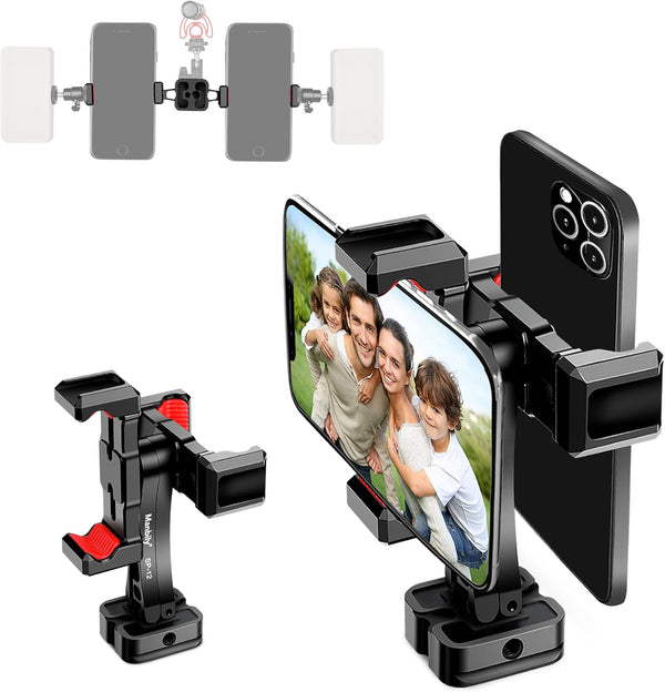 Manbily Phone Tripod Mount, Metal Smartphone Mount Adapter with Dual Phone Holder, 360