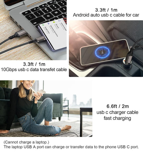 USB A to USB C Cable 3.3ft+6.6ft, 10Gbps Data Transfer and 60W 3A Fast Charging 3.1/3.2 Gen 2 Cable for Samsung Galaxy