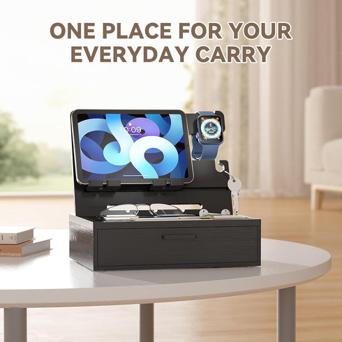Pezin & Hulin Wooden Charging Station, Bedside Nightstand Tray, with Spacious Drawer, Felt Pads for Phones, Watch, Idea