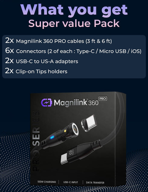 360 PRO 100W USB-C Magnetic Phone Charger (Pack of 2) - 6 in 1 Magnet Charging Cable, Fast Charging & Data, Works with