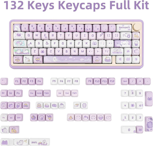 PBT Keycaps - MOA Profile 132 Keys Dye Sublimation Purple Cute Cat Customized Keycaps for ANSI Layout Cherry MX Switches