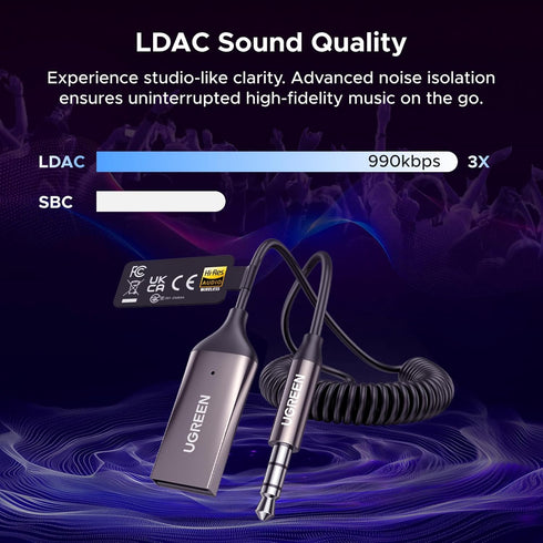 UGREEN 6.0 3.5mm Aux to Bluetooth Car Adapter with LDAC, Aux Adapter Built-in Microphone, Car Bluetooth Audio Receiver