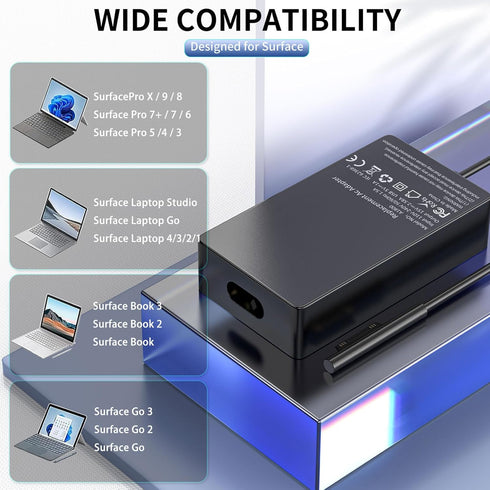 Surface Pro Laptop Charger 65W Power Adapter - Compatible with Microsoft Surface Pro 3/4/5/6/7/8/9/X, 6.5FT Power Cord
