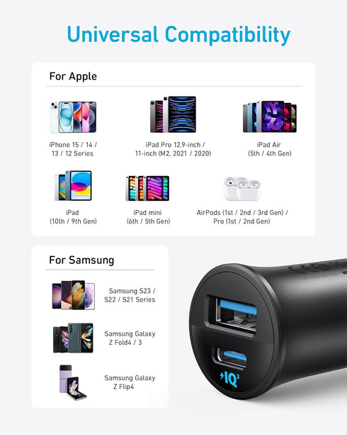 Anker USB-C Car Charger, 30W 2-Port Type-C Adapter, iPhone Car Charger with PowerIQ 3.0 for iPhone 15/14/13/12 Series