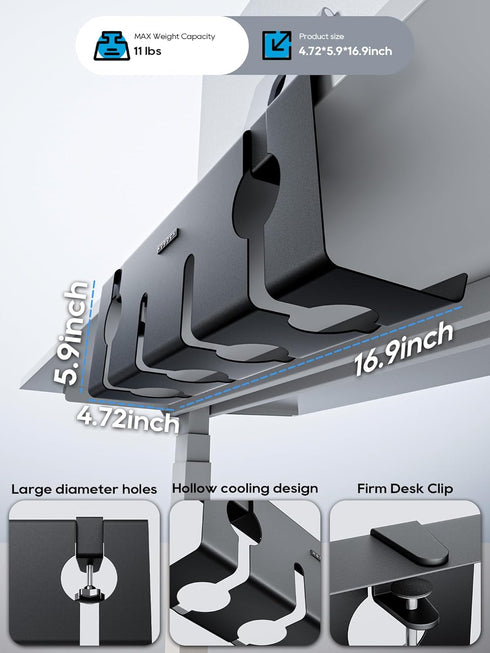 NODOCA No Drill Under Desk Cable Management Tray, 17'' Wire Organizer, Punch-Free Clamp on, Black