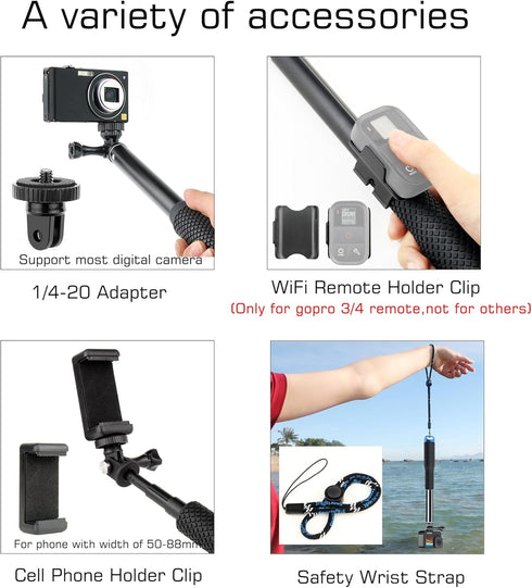 11''-45'' Aluminum Handheld Waterproof Selfie Stick Monopod for GoPro Hero, Insta360, AKASO, DJI OSMO Cameras