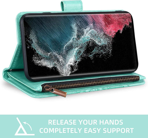 Asuwish Flower Leather Flip Card Holder Wallet Case with Tempered Glass Screen Protector for Samsung Galaxy S22 Ultra