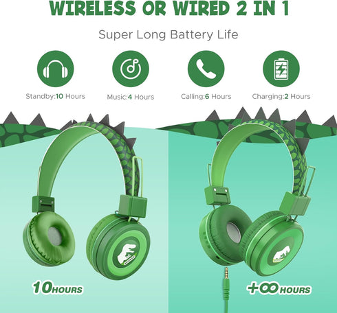 QearFun Dino Headphones for Kids, Bluetooth Headphones with Microphone & 3.5mm Jack, Adjustable Headband for