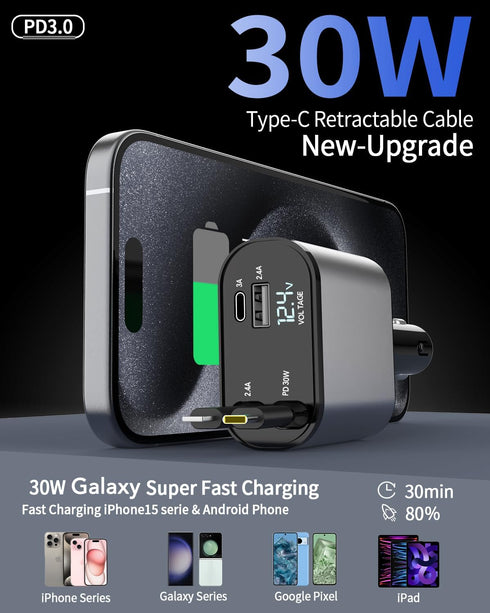 Retractable Car Charger, 4 in 1 Fast Phone Charger 66W with 2 Retractable Cables for iPhone 15/14/13/12/11